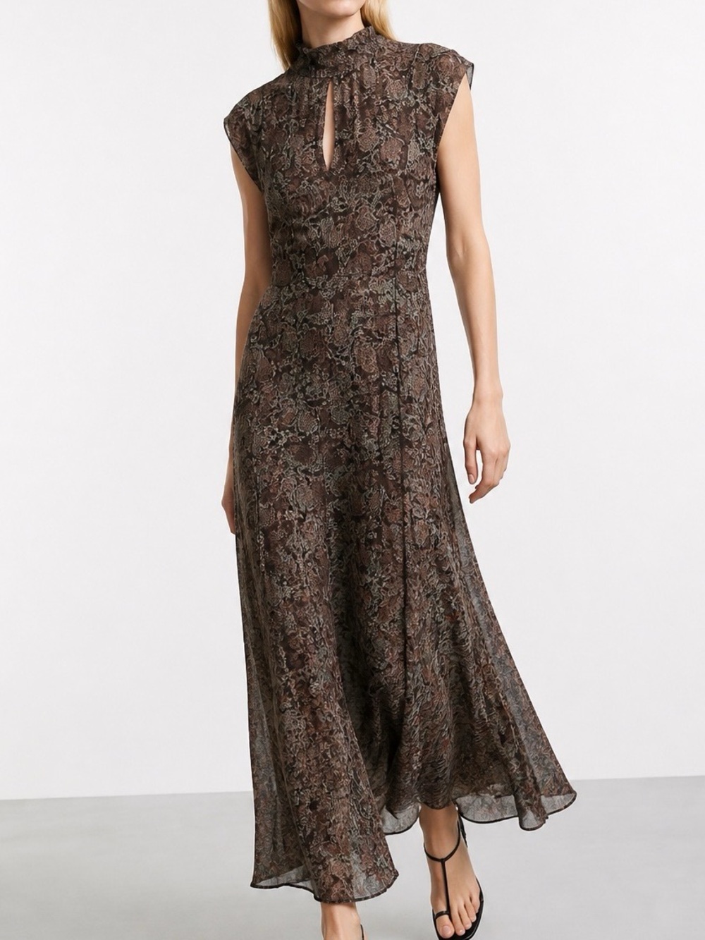 Zimmermann Floral Maxi Dress Black Mock Neck Keyhole Size 3 Large Cutout Artful